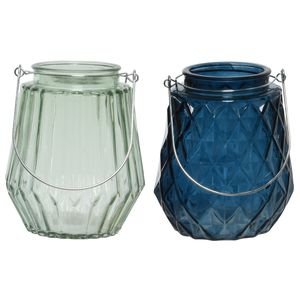 Set van 2x stuks theelichthouders/waxinelichthouders glas donkerblauw en mistgroen 11 x 13 cm