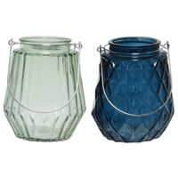 Set van 2x stuks theelichthouders/waxinelichthouders glas donkerblauw en mistgroen 11 x 13 cm