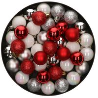 42x Stuks kunststof kerstballen mix wit/zilver/rood 3 cm - Kerstbal - thumbnail