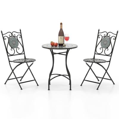 Bistrotafel met 2 Stoelen Mozaïek Bistroset Inklapbaar 3-Delige Balkonset Zitgarnituur Tuingarnituur Balkonmeubels Zwart-Grijs