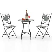 Bistrotafel met 2 Stoelen Mozaïek Bistroset Inklapbaar 3-Delige Balkonset Zitgarnituur Tuingarnituur Balkonmeubels Zwart-Grijs