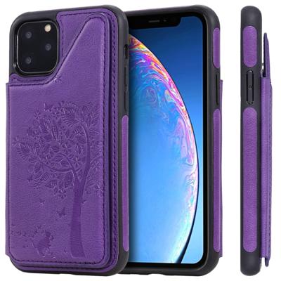 Voor iPhone XI (2019) kat boom reliëf patroon schokbestendige beschermhoes met kaartsleuven & fotolijstjes (paars)