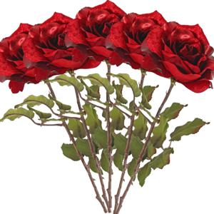 Kunstbloem roos Glamour - 5x - rood satijn - 61 cm - kunststof steel - decoratie bloemen