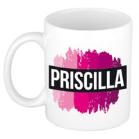 Naam cadeau mok / beker Priscilla  met roze verfstrepen 300 ml   -