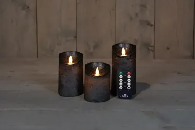 Anna&apos;s Collection LED kaars flame effect rustiek set 7.5 cm antraciet 3 stuks