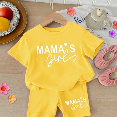 Baby Girls 2pcs Set Round Neck Short Sleeve T-Shirt And Leggings, Casual & Minimalist Yellow