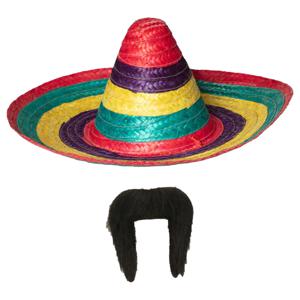 Carnaval verkleed set - Mexicaanse sombrero hoed met plaksnor - multi kleuren - heren