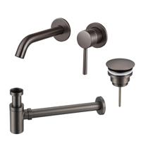 Fortifura Calvi Slim Wastafelkraanset - inbouw wastafelkraan - always open plug - verlaagde design sifon - Geborsteld Gunmetal PVD SW766534/SW769487/SW767295