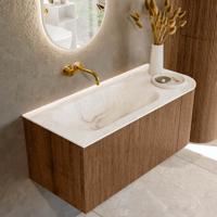 Mondiaz KURVE-DLUX 105 cm Onderkast Greeploos 1 Lade Met Deuren Walnut, Wastafel Solid Surface Links Frappe 0 Kraangaten Zonder Spiegel (KRVBGS105R1L1D0KL-Wal/Fra)
