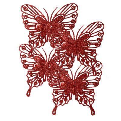 Kerstboomversiering vlinders op clip - 4x - rood - 13 cm - glitter