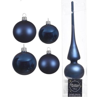 Glazen kerstballen pakket donkerblauw glans/mat 38x stuks 4 en 6 cm met piek mat