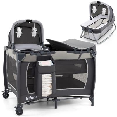 5-in-1 Reisbedje voor Baby's Opvouwbaar Babybedje met Aankleedtafel Babybox met Opbergmand & Draagtas Grijs