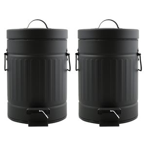 Prullenbak/pedaalemmer - 2x - Industrial - metaal - zwart - 3 liter - 17 x 26 cm - Badkamer/toilet