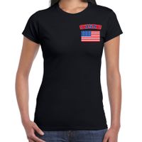 USA t-shirt met vlag Amerika zwart op borst voor dames - thumbnail