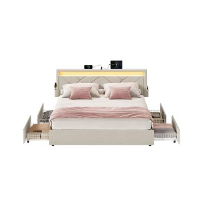 Gestoffeerd tweepersoonsbed met lades en verstelbaar hoofdbord, cappuccinobeige / 140 x 200 cm