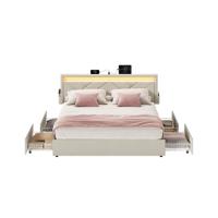 Gestoffeerd tweepersoonsbed met lades en verstelbaar hoofdbord, cappuccinobeige / 140 x 200 cm