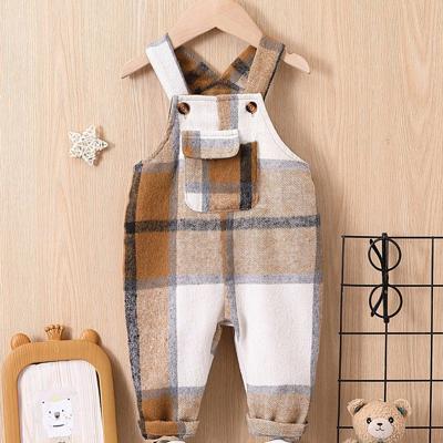 Baby Boy Plaid Print Flap Pocket Overall Jumpsuit, For Christmas Coffee Brown / 3-6M