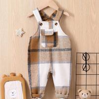 Baby Boy Plaid Print Flap Pocket Overall Jumpsuit, For Christmas Coffee Brown / 3-6M