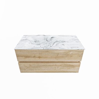 MONDIAZ VICA-DLUX 100cm badmeubel onderkast Washed Oak 2 lades. Inbouw wastafel CLOUD links 1 kraangat, kleur Glace.