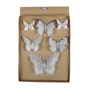 6x stuks Decoratie vlinders op clip grijs 5, 8, 12 cm