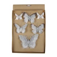 6x stuks Decoratie vlinders op clip grijs 5, 8, 12 cm