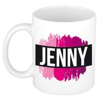 Naam cadeau mok / beker Jenny  met roze verfstrepen 300 ml   -