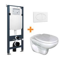 Linie Rino hangend toilet hoogglans wit open spoelrand met Linie Ilana inbouwreservoir en  bedieningspaneel