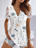Floral Casual V Neck Lace Shirt