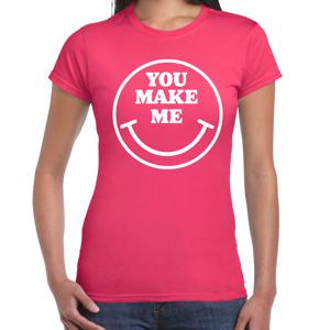 Verkleed T-shirt voor dames - you make me - smiley - roze - carnaval - foute party - feestkleding