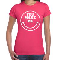 Verkleed T-shirt voor dames - you make me - smiley - roze - carnaval - foute party - feestkleding - thumbnail