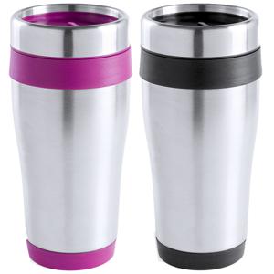 Warmhoudbekers/thermos isoleer koffiebekers/mokken - 2x stuks - RVS - zwart en roze - 450 ml