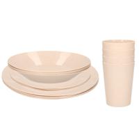 Setje van 8x diner/ontbijt bekers/3 soorten bordjes van afbreekbaar bio-plastic in het eco-beige