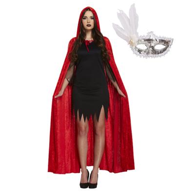 Carnaval gemaskerd bal verkleedkleding set - Oogmasker zilver - Cape capuchon rood - volwassenen