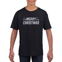 Merry Christmas Kerst t-shirt zwart voor kinderen met zilveren glitter bedrukking