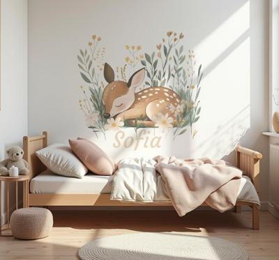 Muursticker kinderkamer dieren met slapend hert met naam