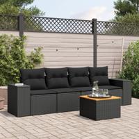 5-delige Loungeset met kussens poly rattan zwart