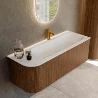 Mondiaz KURVE-DLUX 125 cm Onderkast Greeploos 1 Lade Met Deuren Walnut, Wastafel Solid Surface Rechts Opalo 1 Kraangat Zonder Spiegel (KRVBGM125L1L1D1KR-Wal/Opa)
