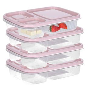 Vershoudbakje/lunchbox - 4x - luchtdicht - 3 vakjes - lichtroze - kunststof - broodtrommel -24 x 15
