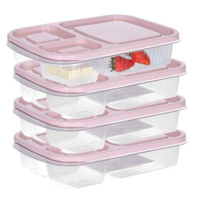 Vershoudbakje/lunchbox - 4x - luchtdicht - 3 vakjes - lichtroze - kunststof - broodtrommel -24 x 15