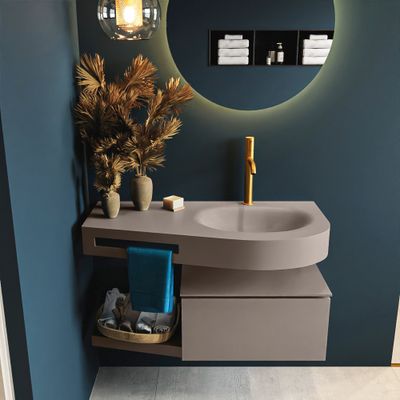 MONDIAZ RIVA 100cm badmeubel onderkast / planchet kleur Smoke met 1 lade. Wastafel DULCET rechts 1 kraangat kleur Smoke.