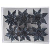 Bloemen op clip - 6x st - donkerblauw - glitter - 8 cm - kerstversiering