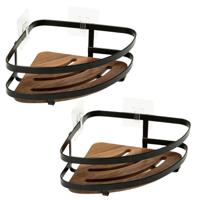 Badkamer douche rekje organizer - 2x - zwart metaal/acaciahout - kleefstrip - 20 x 20 x 7 cm