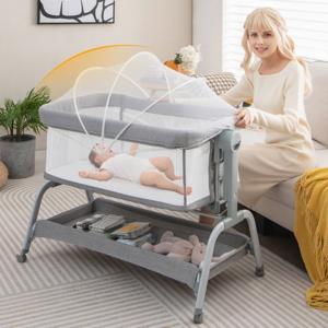 4 In 1 Babybed met Zacht Matras Babywieg met 6 Verstelbare Hoogtes Verstelbare Kanteling 4 Vergrendelbare Wielen Reiswieg voor 0-6 Maanden