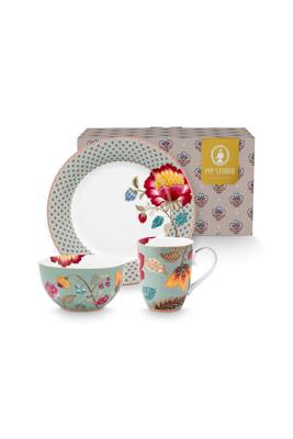 Pip Studio Set/3 Ontbijtset Blooming Tales Fantasy Blauw