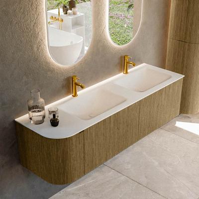 Badmeubel Mondiaz Kurve | 155 cm cm | Meubelkleur Dusk | Wastafelkleur Talc | Solid surface | Dubbel / Rechts spoelbak | 2 kraangaten