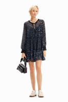 Korte jurk met chiffon en bloemen - BLUE - L