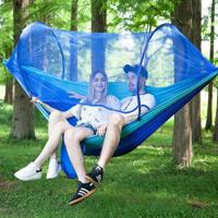 Draagbare Outdoor Camping vol-automatische nylon parachute hangmat met klamboes grootte: 290 x 140cm (donkerblauw + baby blauw)