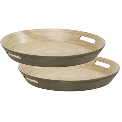 2x stuks dienbladen/serveerbladen rond D42 cm bamboe bruin met handvaten