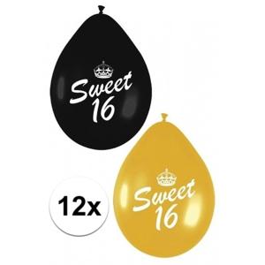 Verjaardag ballonnen Sweet 16 thema - 12x - zwart en goud - 27 cm - 16 jaar versiering