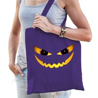 Halloween tas/shopper - paars - katoen - 42 x 38 cm - duivel gezicht